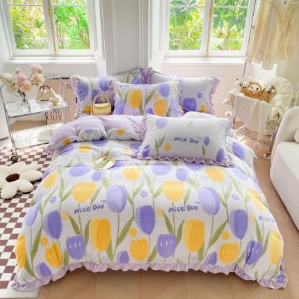 91家纺网 家纺一手货源 找家纺 （总）懒猫  2022新款韩版牛奶绒花边款四件套