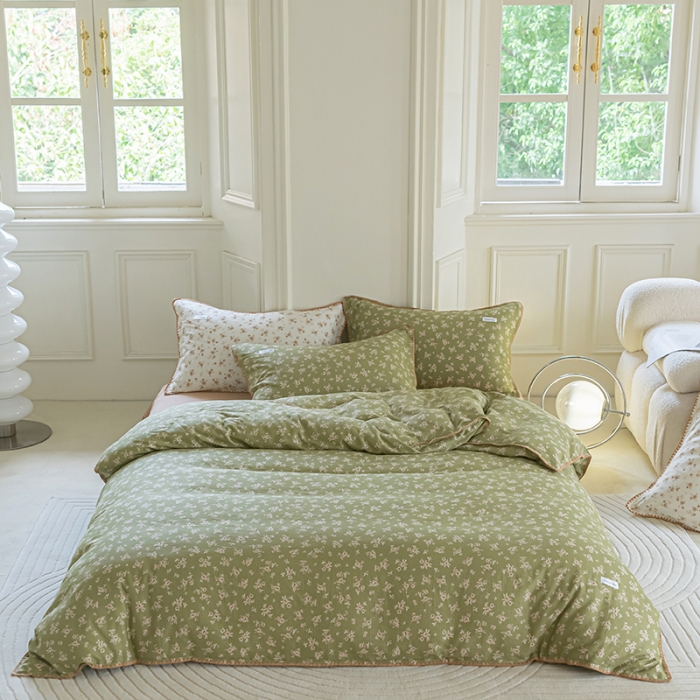 91家纺网 家纺一手货源 找家纺 洋铭区 2022新款双层纱四件套 复古小碎花绿