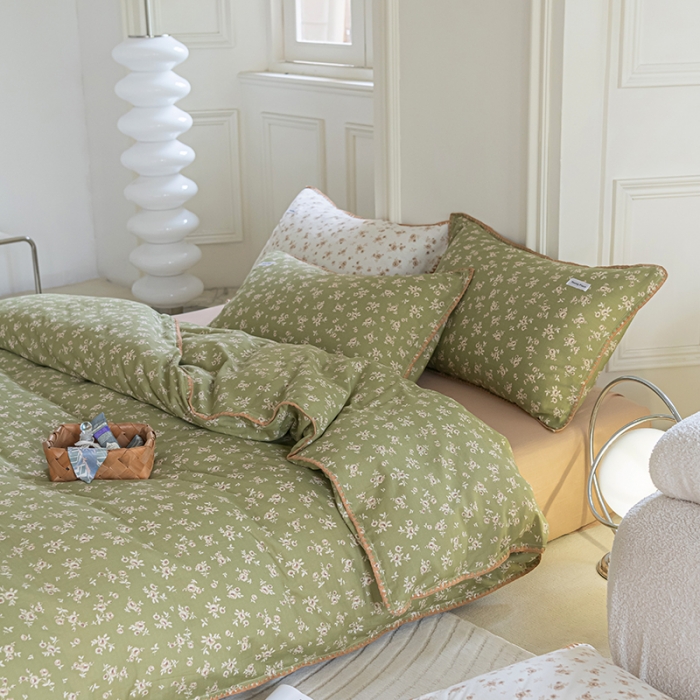 91家纺网 家纺一手货源 找家纺 洋铭区 2022新款双层纱四件套 复古小碎花绿