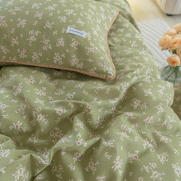 91家纺网 家纺一手货源 找家纺 洋铭区 2022新款双层纱四件套 复古小碎花绿