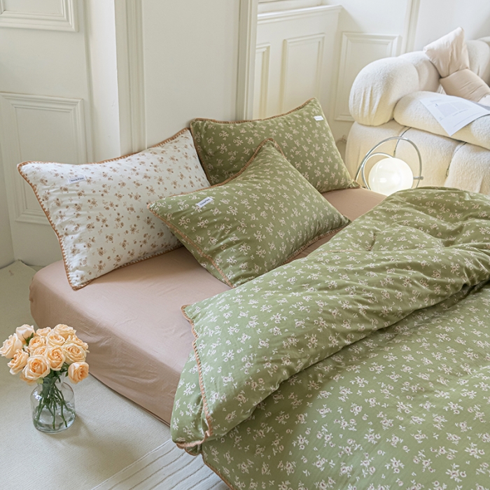 91家纺网 家纺一手货源 找家纺 洋铭区 2022新款双层纱四件套 复古小碎花绿