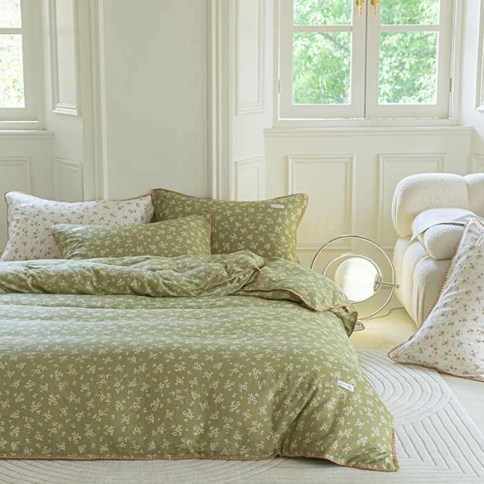 91家纺网 家纺一手货源 找家纺 洋铭区 2022新款双层纱四件套 复古小碎花绿