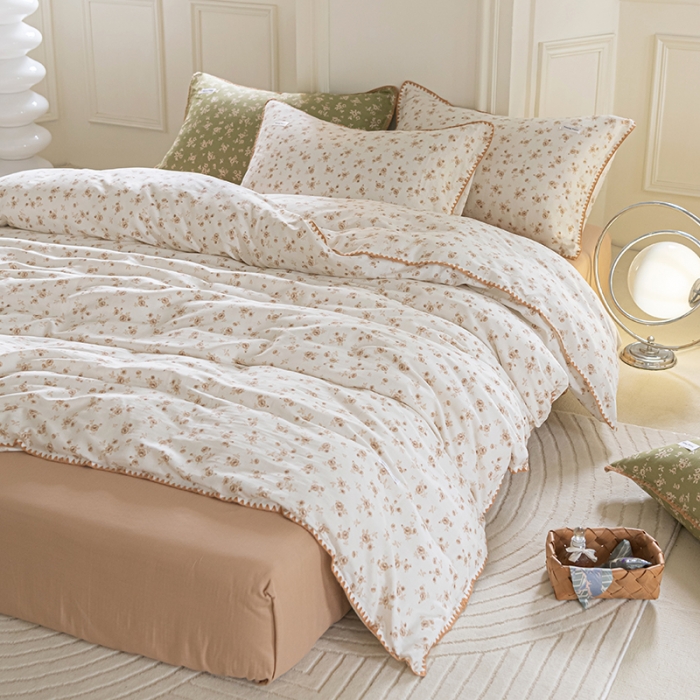 91家纺网 家纺一手货源 找家纺 洋铭区 2022新款双层纱四件套 复古小碎花杏