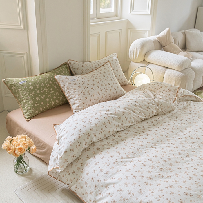 91家纺网 家纺一手货源 找家纺 洋铭区 2022新款双层纱四件套 复古小碎花杏