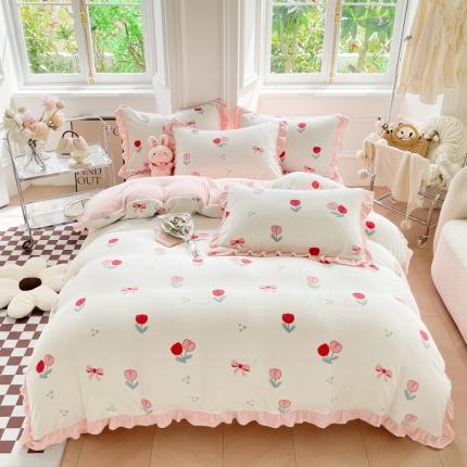 91家纺网 家纺一手货源 找家纺 （总）懒猫  2022新款韩版牛奶绒花边款四件套