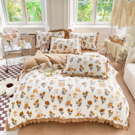 91家纺网 家纺一手货源 找家纺 （总）懒猫  2022新款韩版牛奶绒花边款四件套