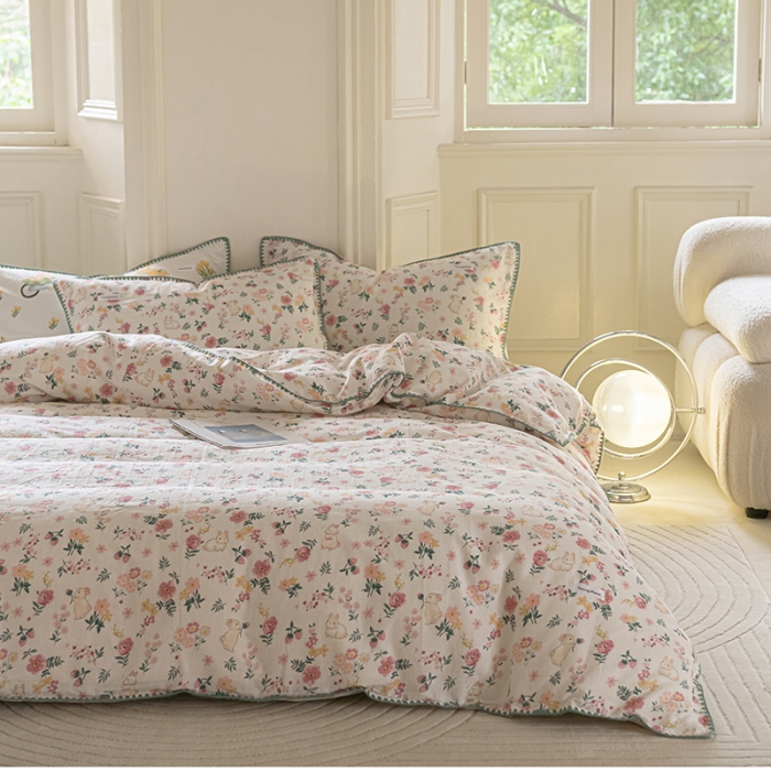 91家纺网 家纺一手货源 找家纺 洋铭区 2022新款双层纱四件套 小粉兔兔