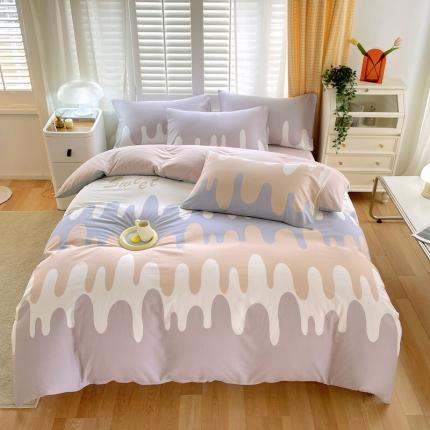 91家纺网 家纺一手货源 找家纺 金鑫汇2022新款喷气全棉水洗棉加厚四件套奶油-粉