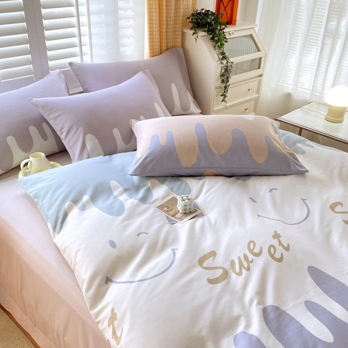 91家纺网 家纺一手货源 找家纺 金鑫汇2022新款喷气全棉水洗棉加厚四件套奶油-粉