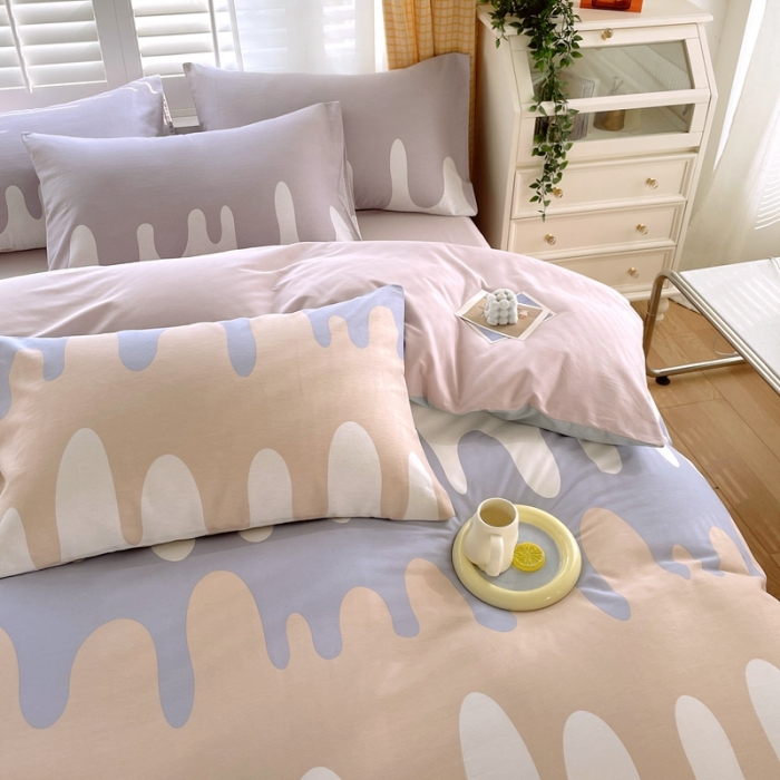 91家纺网 家纺一手货源 找家纺 金鑫汇2022新款喷气全棉水洗棉加厚四件套奶油-粉