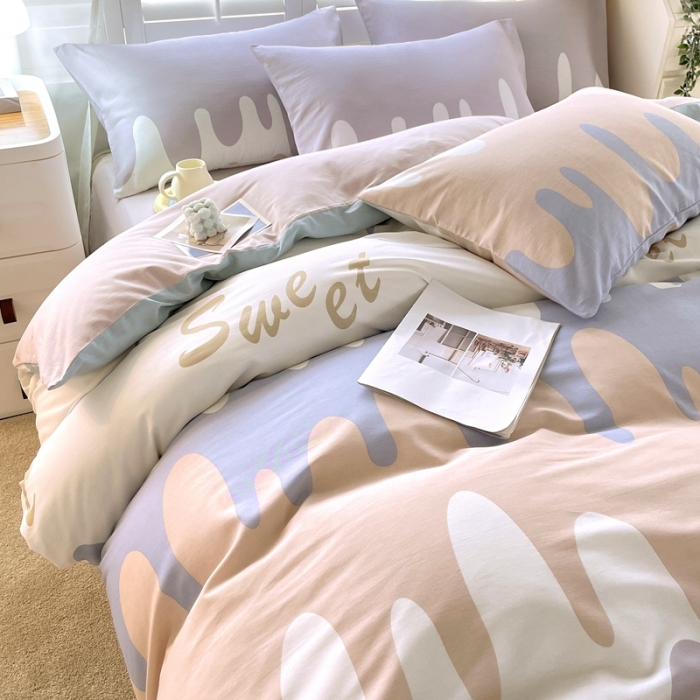 91家纺网 家纺一手货源 找家纺 金鑫汇2022新款喷气全棉水洗棉加厚四件套奶油-粉