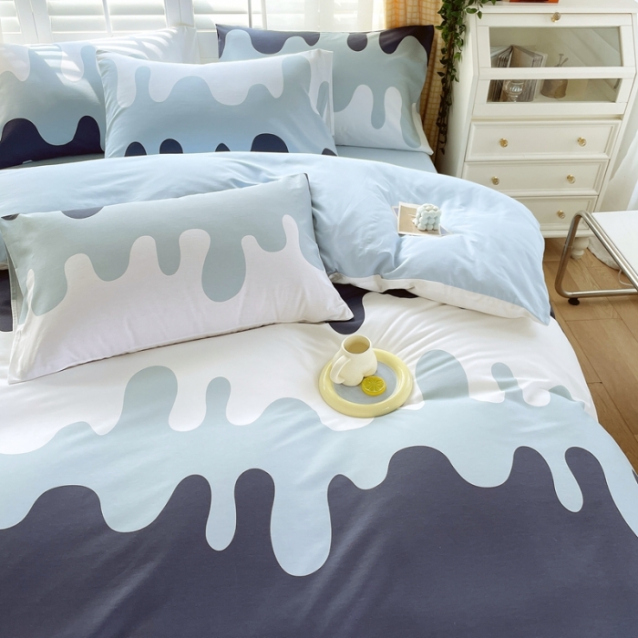 91家纺网 家纺一手货源 找家纺 金鑫汇2022新款喷气全棉水洗棉加厚四件套奶油-蓝