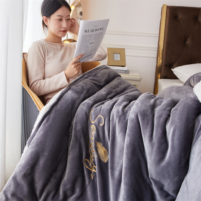 91家纺网 家纺一手货源 找家纺 骏腾家纺 2022新款牛奶绒羊羔绒被套毯系列 羽毛-深灰