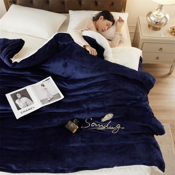 91家纺网 家纺一手货源 找家纺 骏腾家纺 2022新款牛奶绒羊羔绒被套毯系列 羽毛-宝蓝