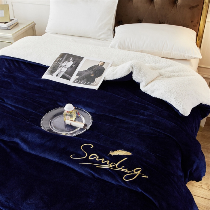 91家纺网 家纺一手货源 找家纺 骏腾家纺 2022新款牛奶绒羊羔绒被套毯系列 羽毛-宝蓝