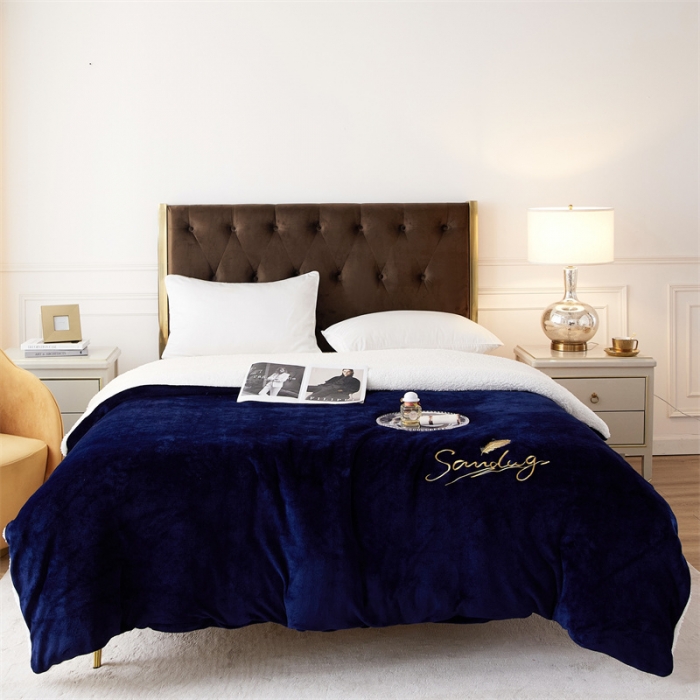 91家纺网 家纺一手货源 找家纺 骏腾家纺 2022新款牛奶绒羊羔绒被套毯系列 羽毛-宝蓝