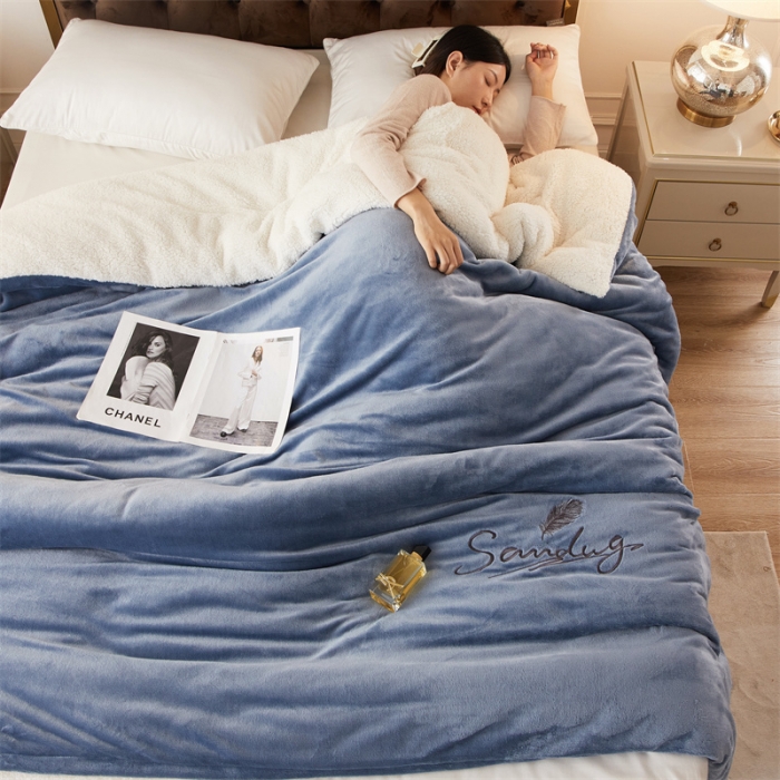 91家纺网 家纺一手货源 找家纺 骏腾家纺 2022新款牛奶绒羊羔绒被套毯系列 羽毛-蓝灰