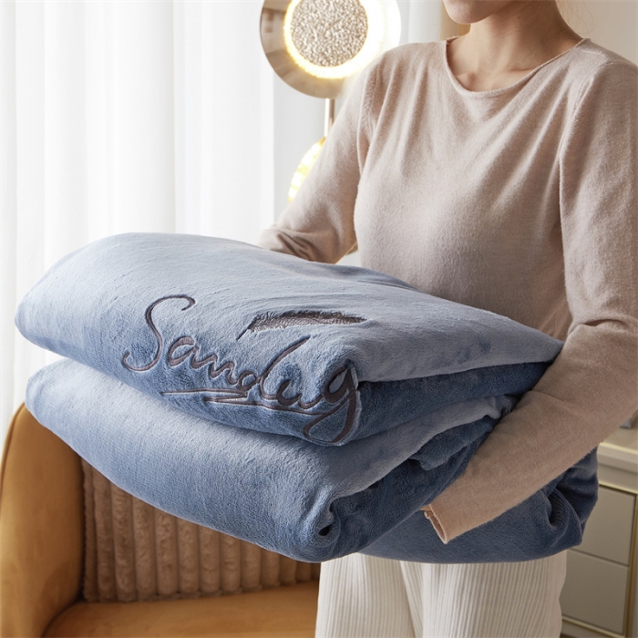 91家纺网 家纺一手货源 找家纺 骏腾家纺 2022新款牛奶绒羊羔绒被套毯系列 羽毛-蓝灰