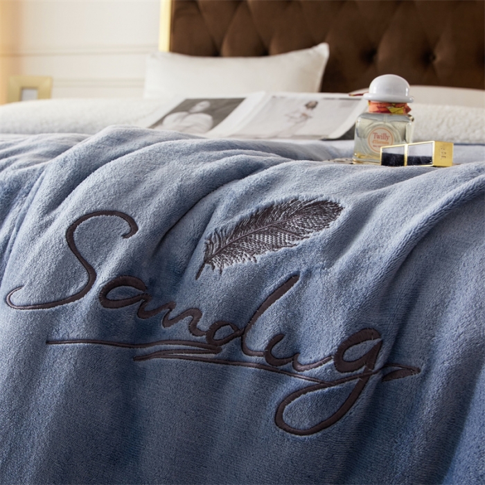 91家纺网 家纺一手货源 找家纺 骏腾家纺 2022新款牛奶绒羊羔绒被套毯系列 羽毛-蓝灰