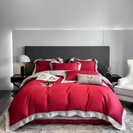 91家纺网 家纺一手货源 找家纺 娇逸家居 2022新款100支全棉镂空款四件套圣地亚喜庆红