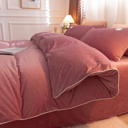 91家纺网 家纺一手货源 找家纺 秀色2025款Ａ类加厚保暖牛奶绒被套珊瑚绒ins风四件套豆沙