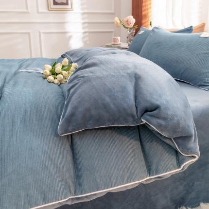 91家纺网 家纺一手货源 找家纺 秀色2025款Ａ类加厚保暖牛奶绒被套珊瑚绒ins风四件套灰蓝