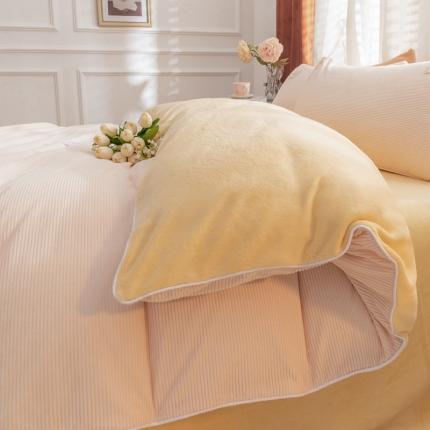 91家纺网 家纺一手货源 找家纺 秀色Ａ类加厚保暖牛奶绒被套珊瑚绒ins风四件套奶昔白+芝士黄