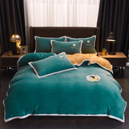 91家纺网 家纺一手货源 找家纺 芃成 2022新款牛奶绒刺绣包边四件套 珍珠女孩玛瑙绿