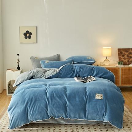 91家纺网 家纺一手货源 找家纺 寐眠  2022新款纯色双拼暖冬保暖牛奶绒四件套 蓝+灰