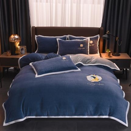 芃成 2022新款牛奶绒刺绣包边四件套 珍珠女孩宝石蓝