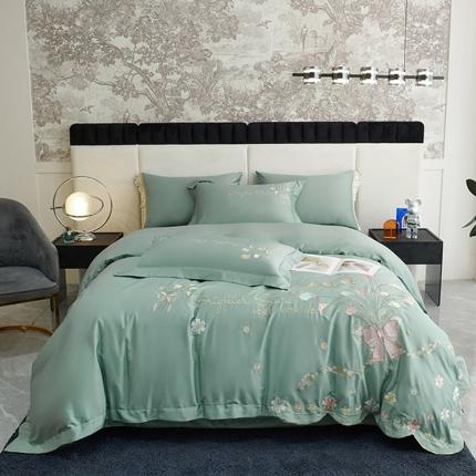 91家纺网 家纺一手货源 找家纺 宅家居 马蹄莲系列-轻奢弯边刺绣小香风纯棉长绒棉 松石绿