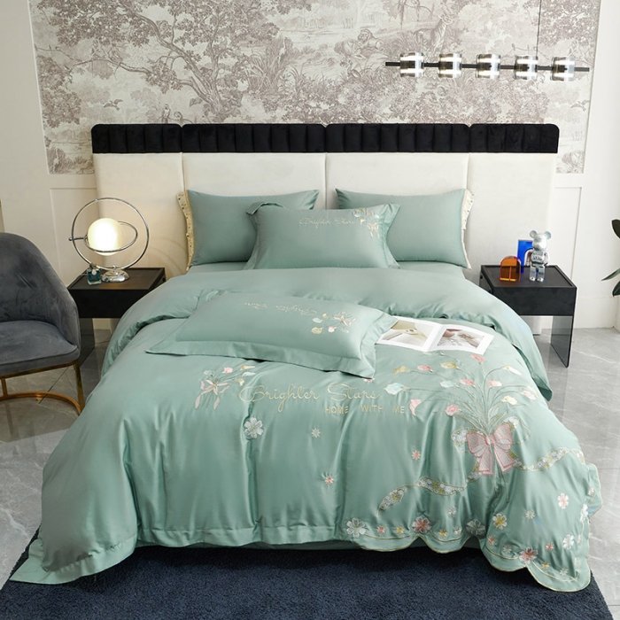 91家纺网 家纺一手货源 找家纺 宅家居 马蹄莲系列-轻奢弯边刺绣小香风纯棉长绒棉 松石绿