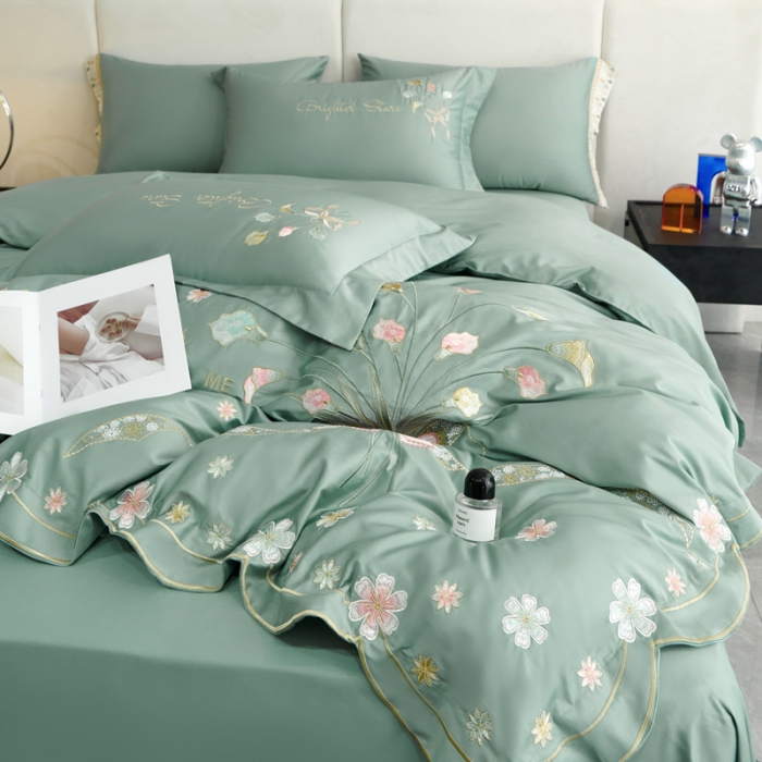 91家纺网 家纺一手货源 找家纺 宅家居 马蹄莲系列-轻奢弯边刺绣小香风纯棉长绒棉 松石绿