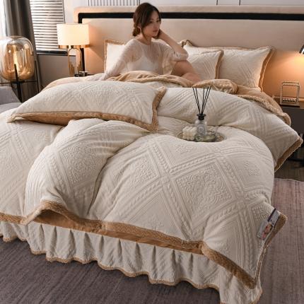 91家纺网 家纺一手货源 找家纺 羽梦 2023新款加厚牛奶绒雕花四件套 欧式风情-时尚白