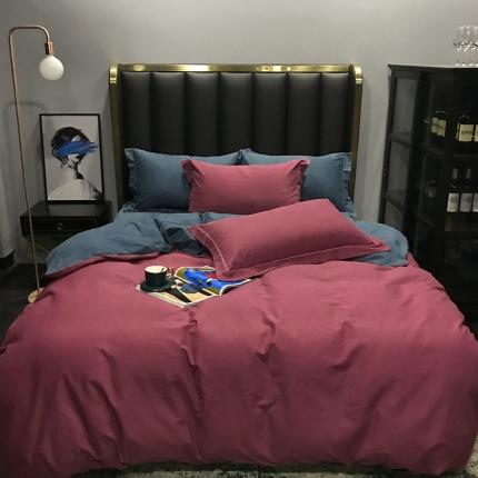 91家纺网 家纺一手货源 找家纺 朵美 2022新款全棉纯色磨毛四件套 酱紫拼蓝