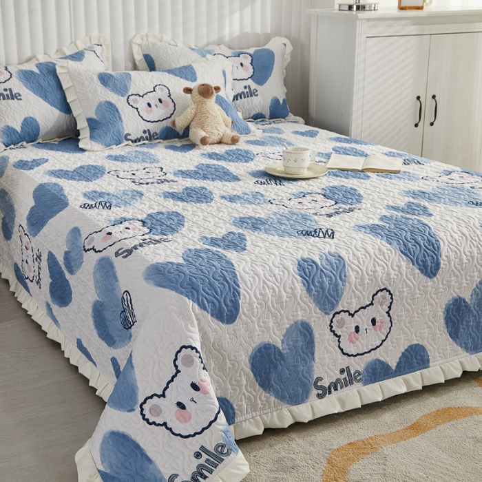 91家纺网 家纺一手货源 找家纺 绵庭 2022新款全棉花边款床盖三件套 爱心小熊