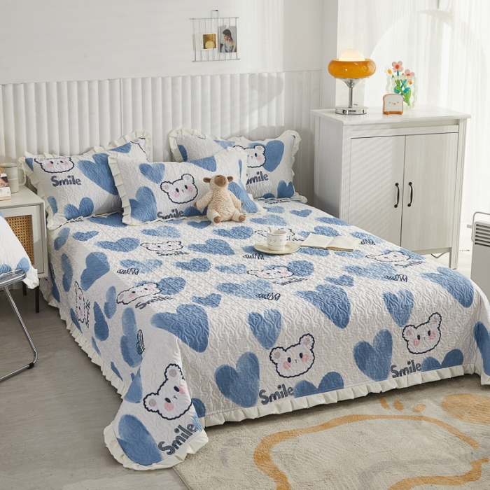 91家纺网 家纺一手货源 找家纺 绵庭 2022新款全棉花边款床盖三件套 爱心小熊