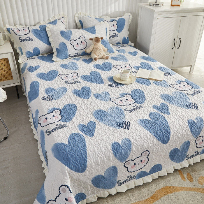 91家纺网 家纺一手货源 找家纺 绵庭 2022新款全棉花边款床盖三件套 爱心小熊