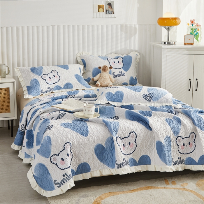 91家纺网 家纺一手货源 找家纺 绵庭 2022新款全棉花边款床盖三件套 爱心小熊
