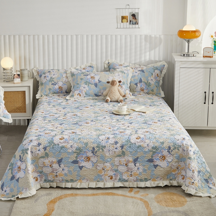 91家纺网 家纺一手货源 找家纺 绵庭 2022新款全棉花边款床盖三件套 花浅