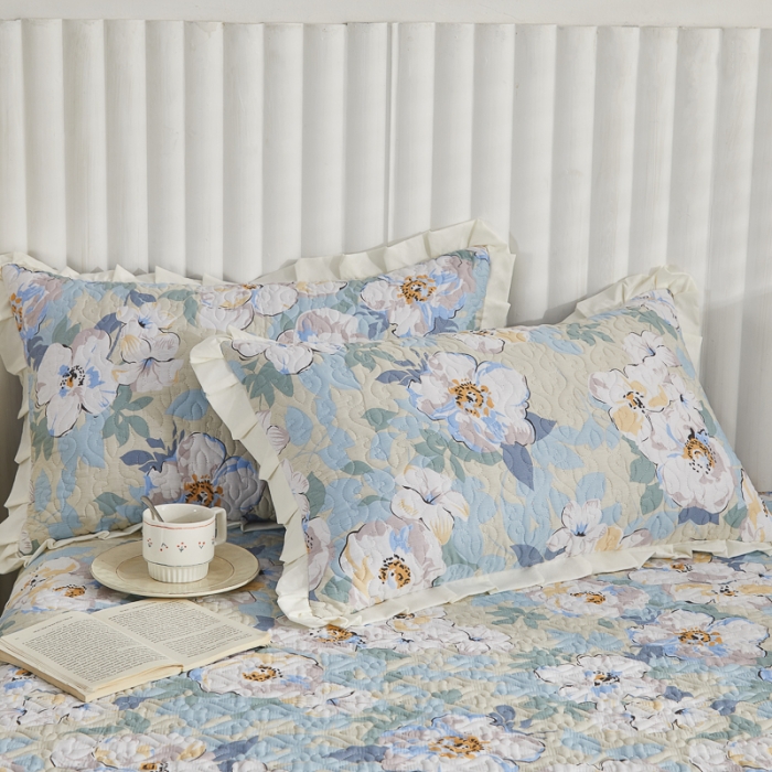 91家纺网 家纺一手货源 找家纺 绵庭 2022新款全棉花边款床盖三件套 花浅