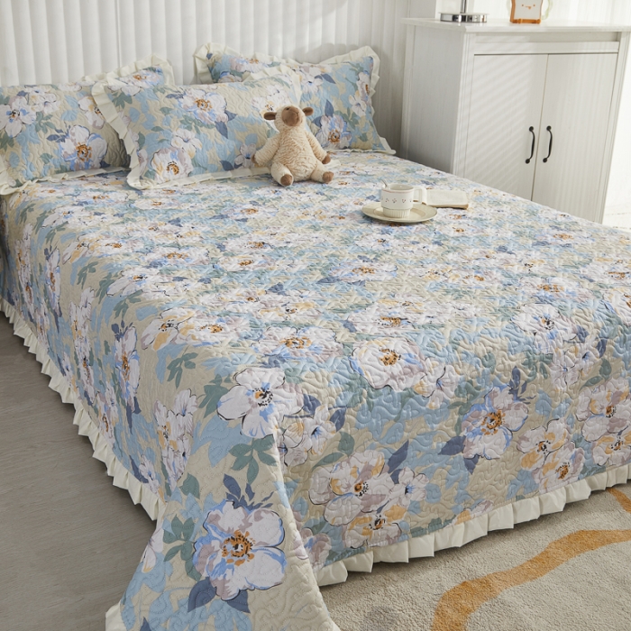 91家纺网 家纺一手货源 找家纺 绵庭 2022新款全棉花边款床盖三件套 花浅