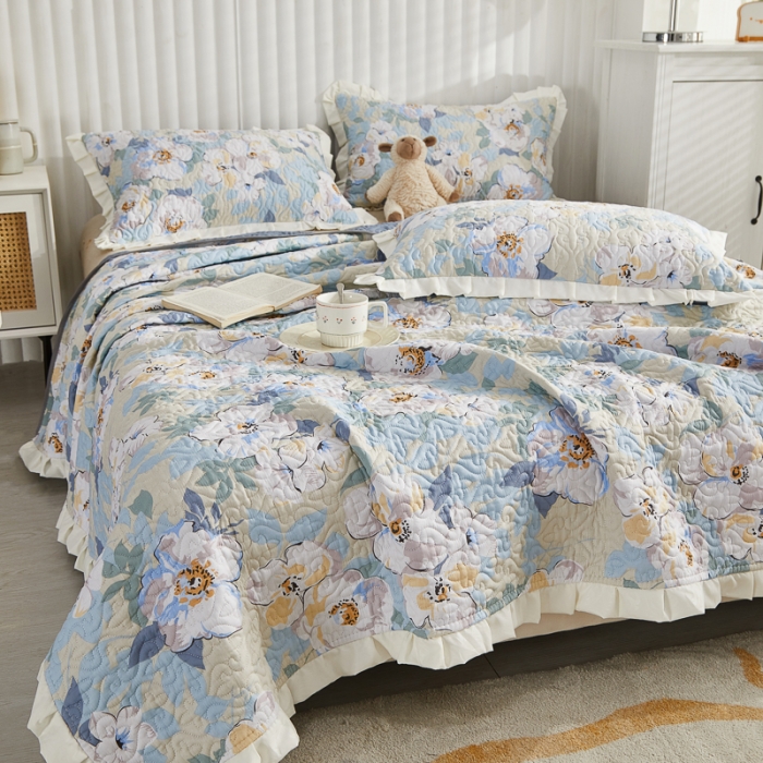 91家纺网 家纺一手货源 找家纺 绵庭 2022新款全棉花边款床盖三件套 花浅