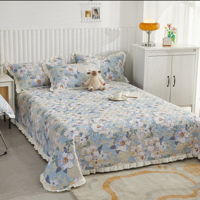 91家纺网 家纺一手货源 找家纺 绵庭 2022新款全棉花边款床盖三件套 花浅