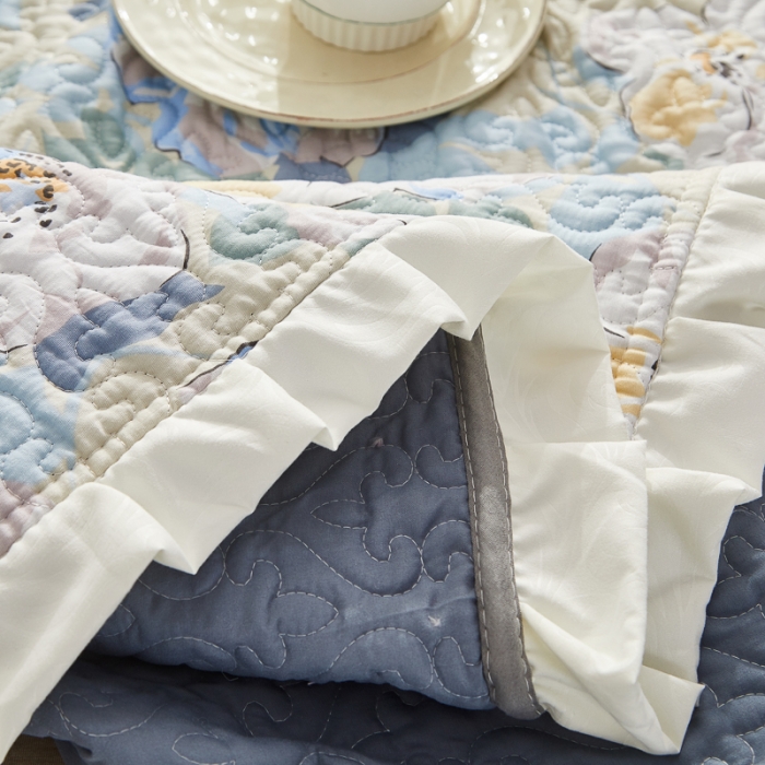 91家纺网 家纺一手货源 找家纺 绵庭 2022新款全棉花边款床盖三件套 花浅