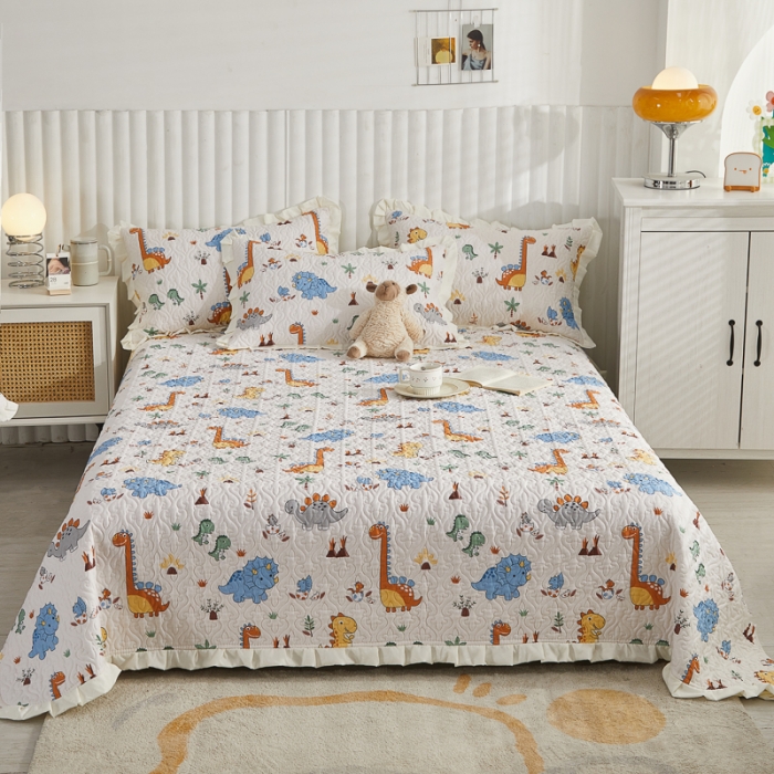 91家纺网 家纺一手货源 找家纺 绵庭 2022新款全棉花边款床盖三件套 恐龙仔仔