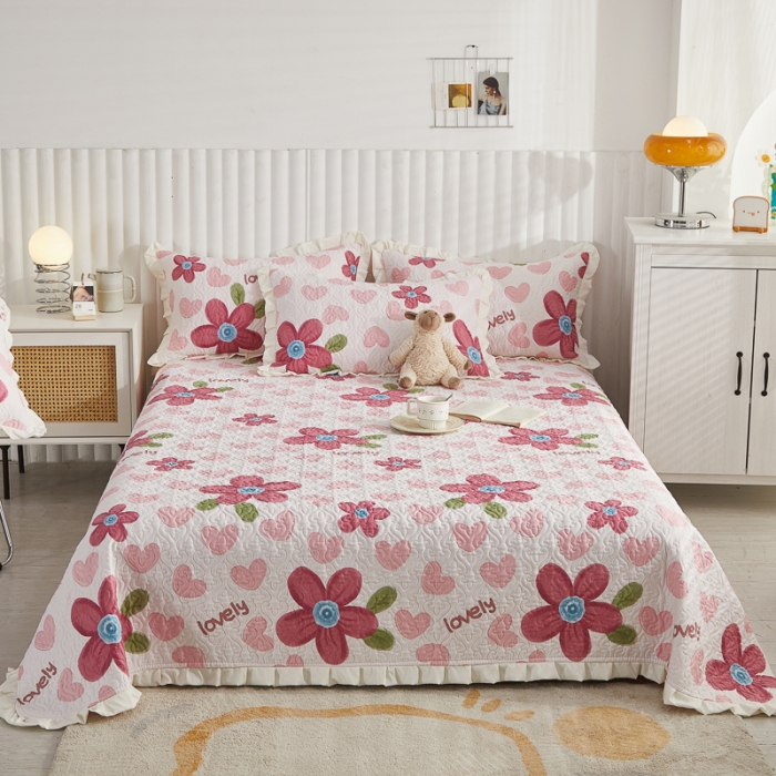 91家纺网 家纺一手货源 找家纺 绵庭 2022新款全棉花边款床盖三件套 梦入花香