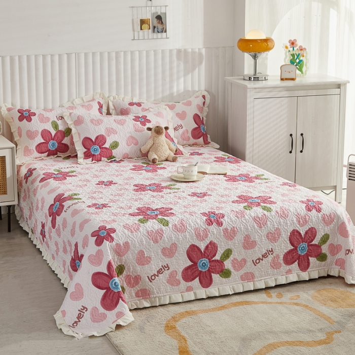 91家纺网 家纺一手货源 找家纺 绵庭 2022新款全棉花边款床盖三件套 梦入花香