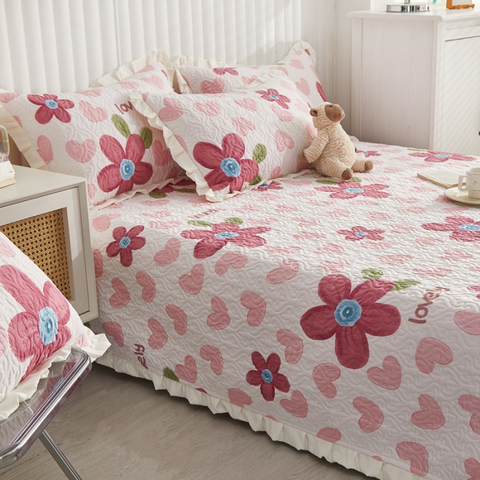 91家纺网 家纺一手货源 找家纺 绵庭 2022新款全棉花边款床盖三件套 梦入花香