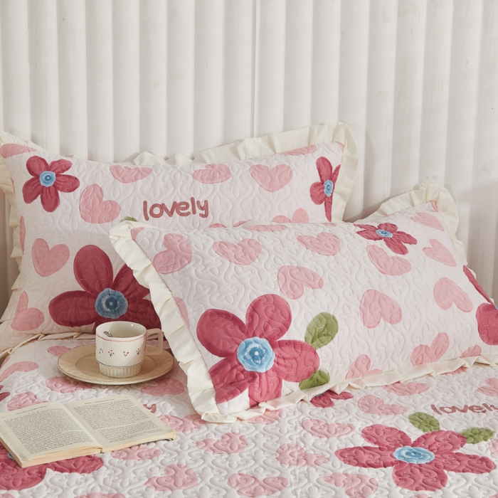 91家纺网 家纺一手货源 找家纺 绵庭 2022新款全棉花边款床盖三件套 梦入花香